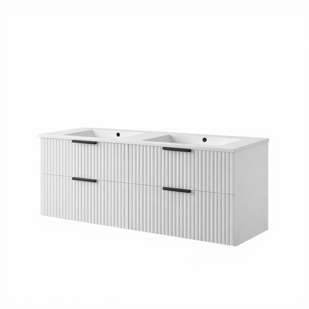 Waschtisch mit Unterschrank TIBU 4 große Schubladen Weiß Hochglanz 120x50x46 geriffelter Front Softclose hängend Badmöbel Badezimmer Badezimmer...