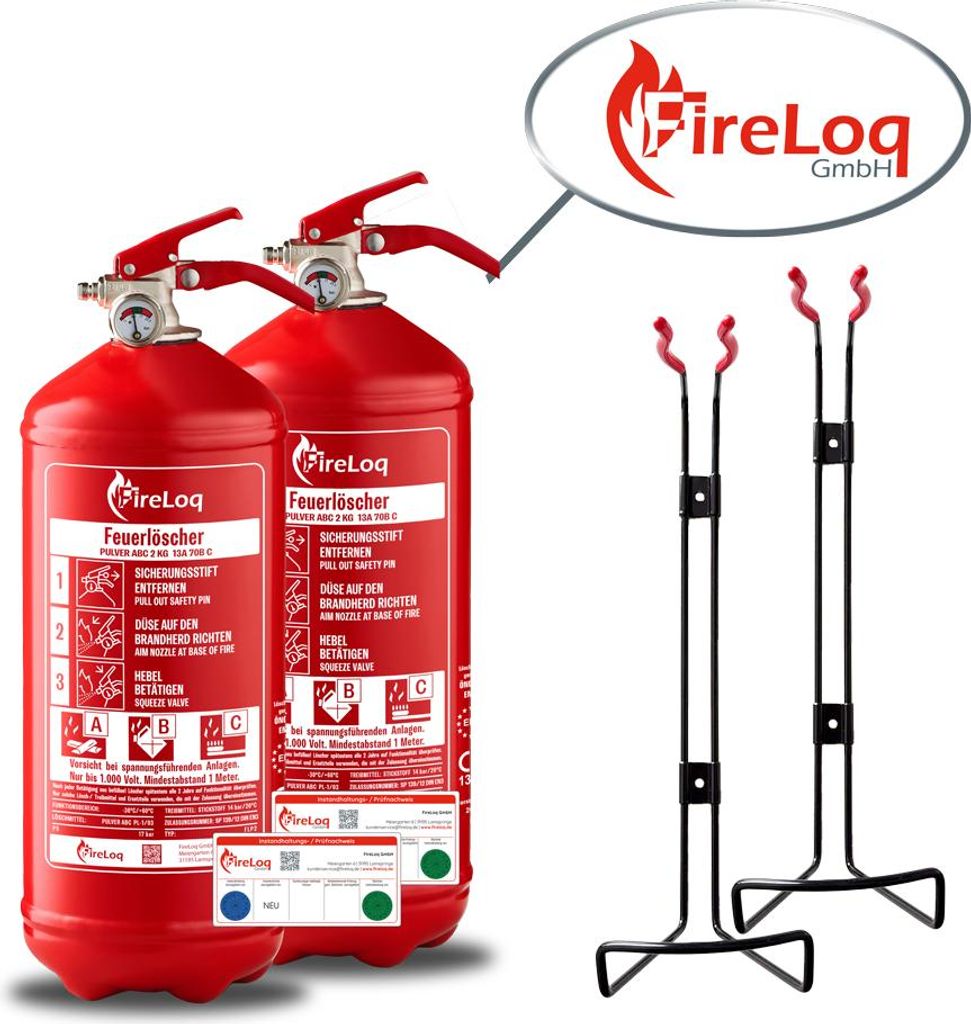 FireLoq 2x 2kg Pulver Feuerlöscher für Brandklasse ABC mit Produktbild 