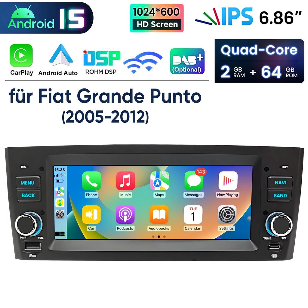 7" Carplay Andorid 15 Autoradio Für Fiat Linea Grande Punto 2007-2012 GPS Navi WIFI BT DAB+ SWC USB DSP RDS DSP 2GB+64GB