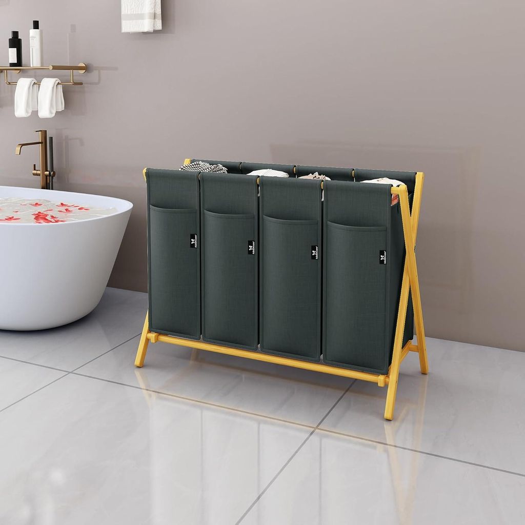 Bamboo Wäschekorb 2 Fächer 100 l - Schmutzwäschetrennsystem - Holz Wäschekorb - Deckel - X-förmige Regale - Grau - 200 l Wäschetrennsystem