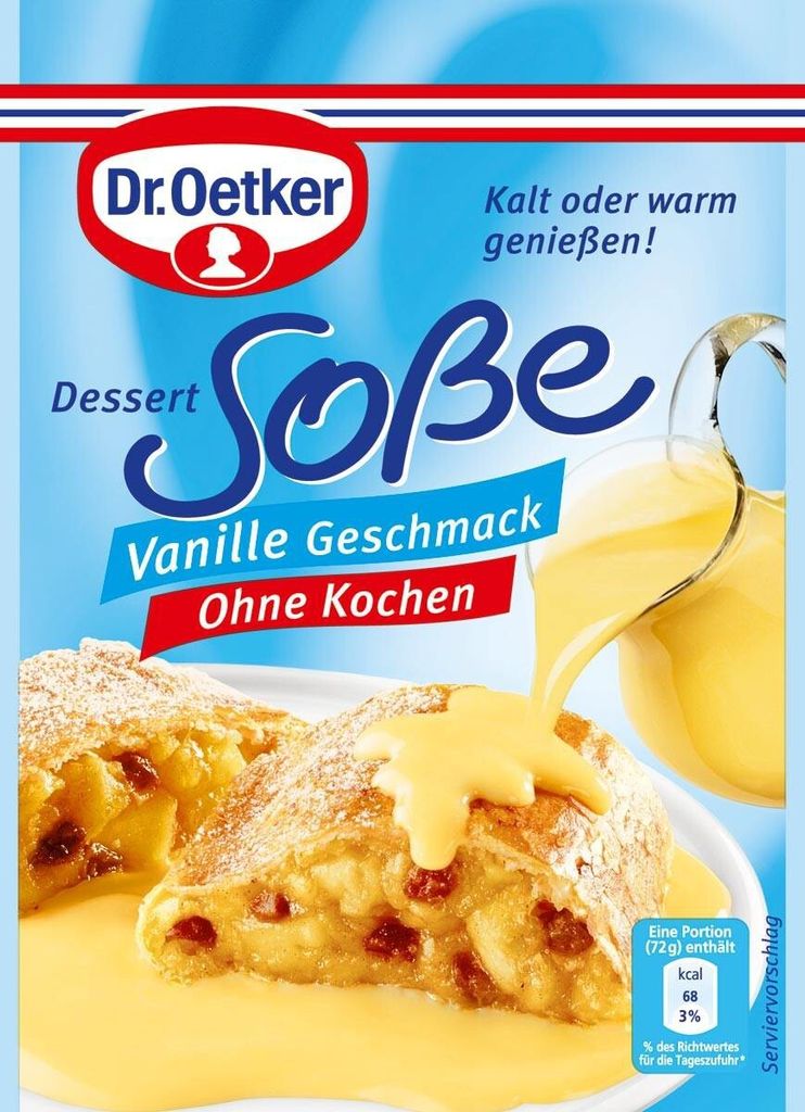 A package of Dr. Oetker vanilla sauce mix with a serving suggestion of apple strudel.