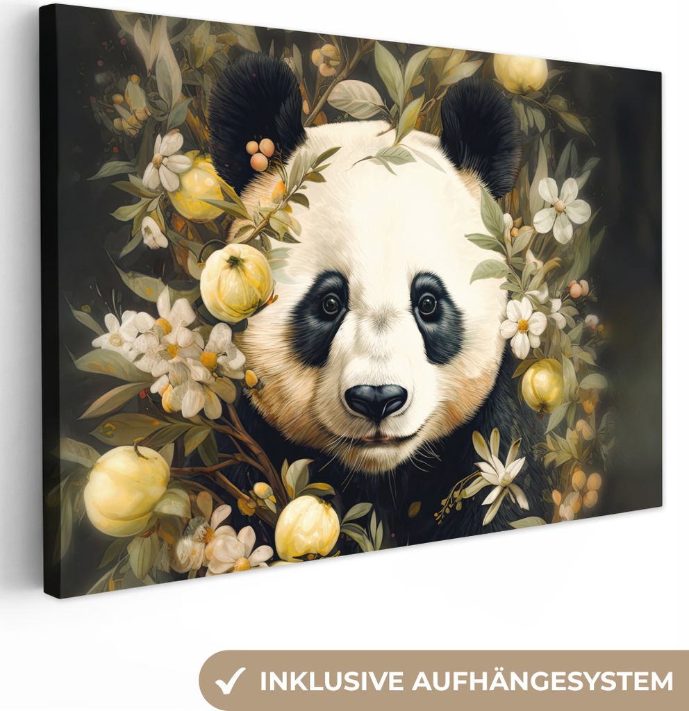 OneMillionCanvasses - Leinwandbilder - 140x90 cm, Panda - Pandabär - Wildtiere - Blumen, Wandbilder Kunstdruck Wanddekoration - Foto auf Leinwan...