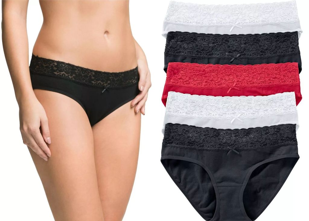 5er-Pack Damenslips Lady Diana Hüftslip mit Spitze Hüftpanty Unterhosen Slip aus Baumwolle, Gr. 44/46