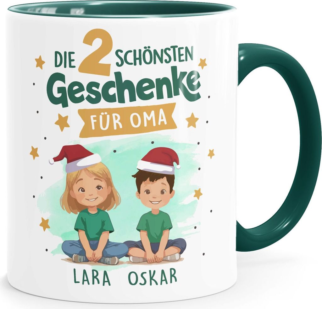 Tasse Weihnachten Geschenk Mama Oma personalisiert 1 2 3 4 Kinder Enkelkinder mit Namen SpecialMe Oma Grün weiß-innen-grün standard