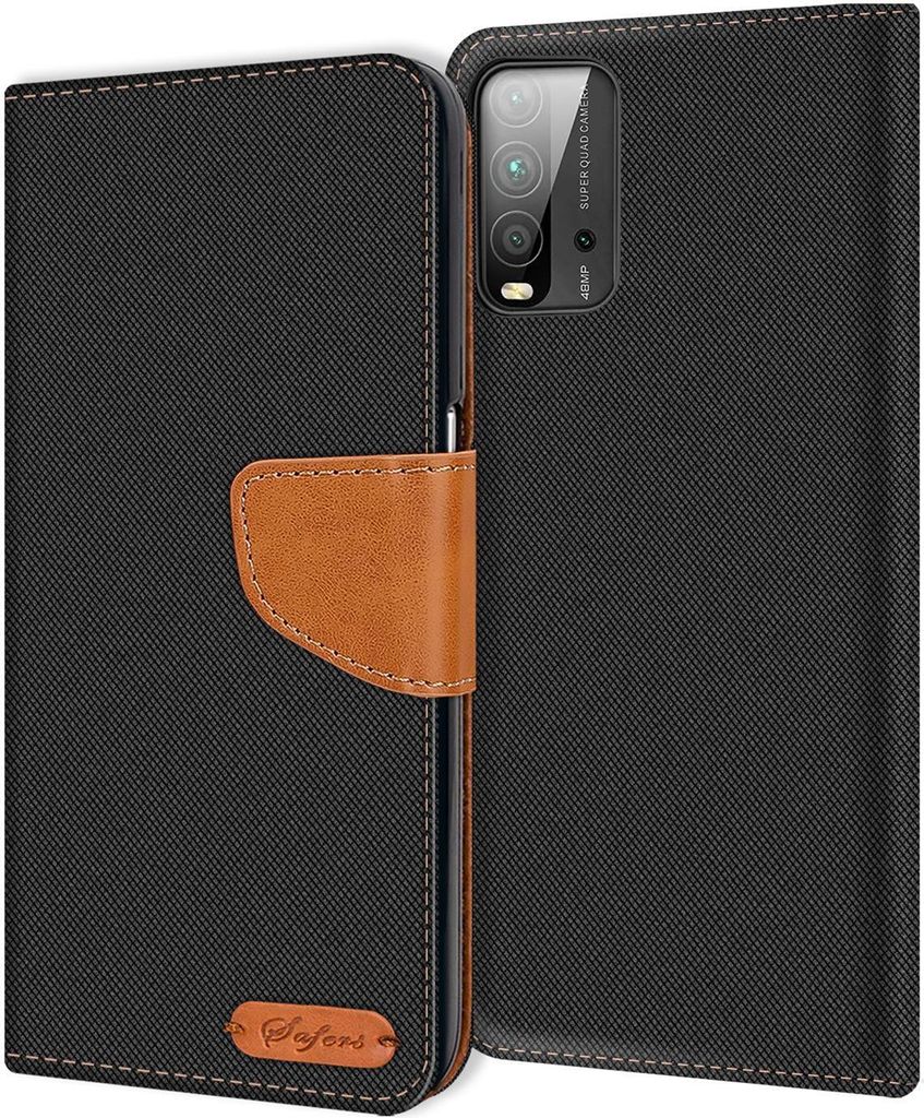 Conie Jeans Style Klapp Tasche für Xiaomi Redmi 9T Kartenfach Hülle Rundumschutz in Schwarz