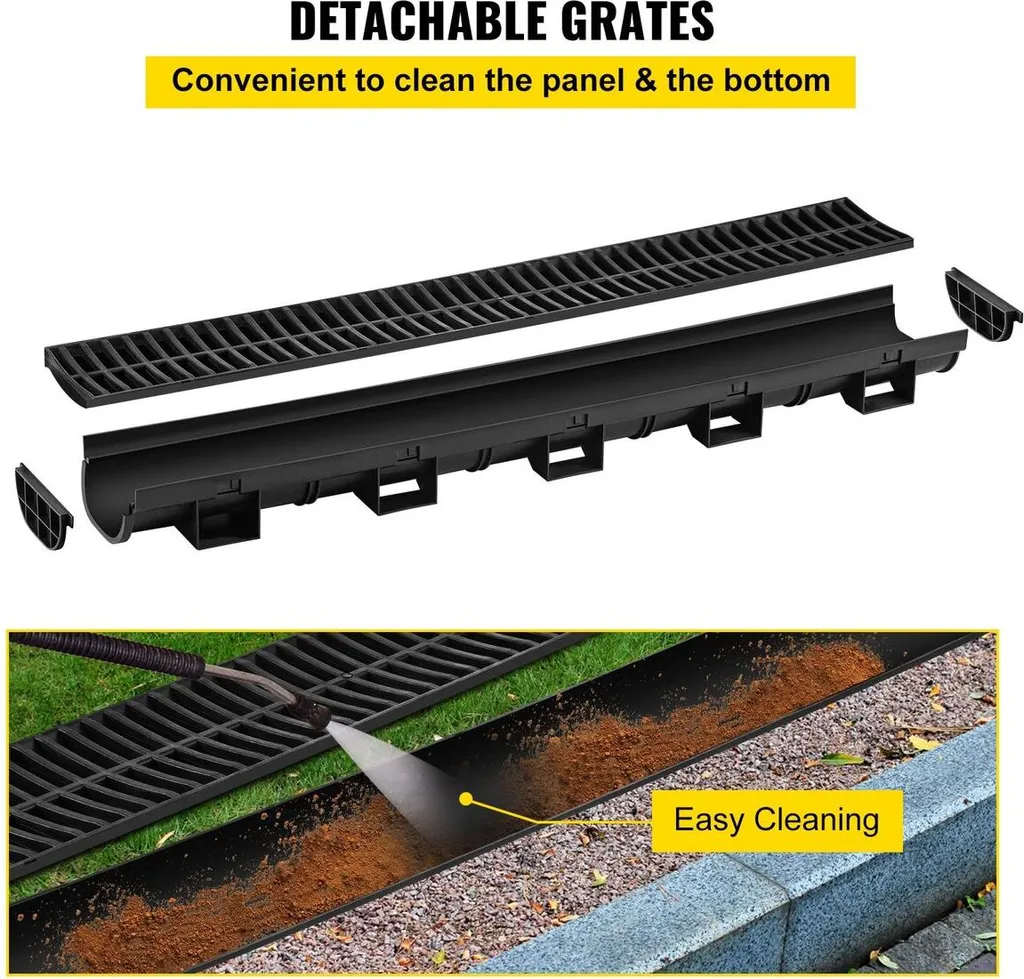 Sistema di drenaggio a fossa, canale di scolo con griglia in plastica, fossa di drenaggio in HDPE 145x79 mm, scarico per pavimento garage in plastica nera, griglia per fossa di drenaggio 3x39, con 3 tappi terminali, per giardino, vialetto - confezione da 3 - 4
