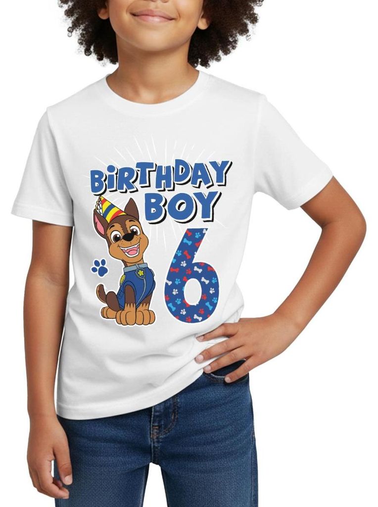 Spreadshirt Paw Patrol Geschenk 6 Jahre Alt 6. Geburtstag Chase Kinder T-Shirt, 110/116 (5-6 Jahre), Weiß