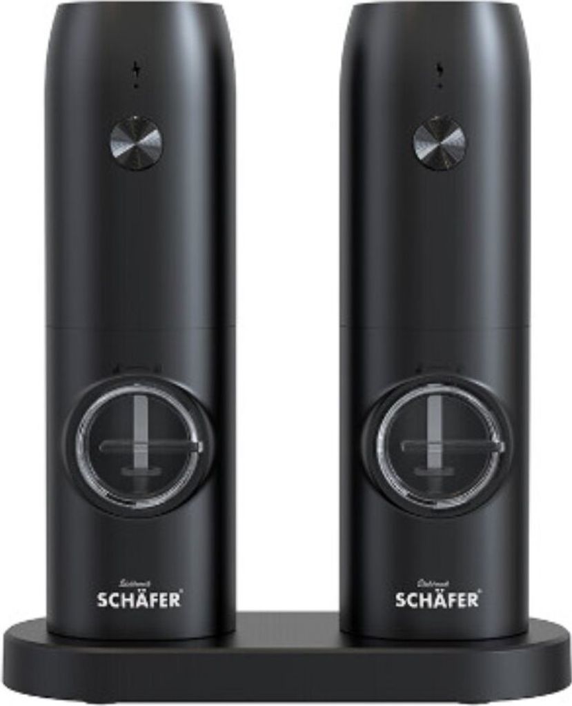 A pair of black electric salt and pepper grinders on a black base.