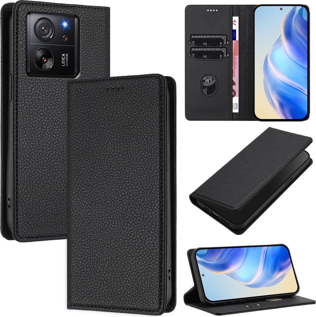 Litchi Leder Handyhülle für Xiaomi 13T / 13T Pro Wallet Kartenfächer Standfunktion Hülle Schwarz
