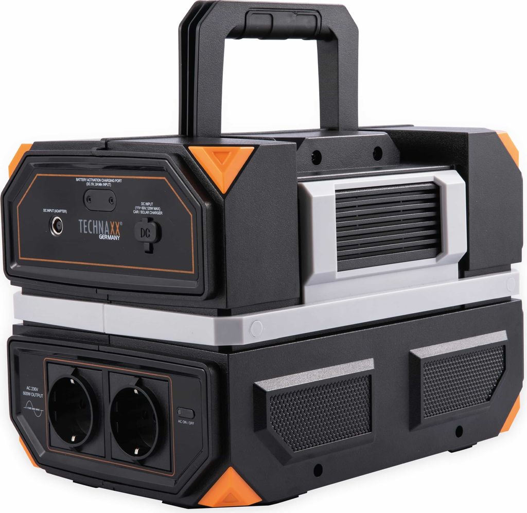 Technaxx TX-202 Ladestation, 504Wh, 600W, USB-C, USB-A, QC3.0, 2 x 230V, Autosteckdose, Auto-/AC-/Solarladung (optional), schwarz/orange