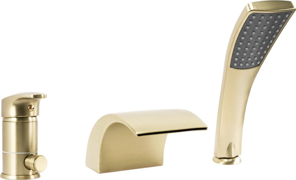 A set of gold-colored bathroom fixtures, including a faucet, a waterfall spout, and a handheld showerhead, displayed against a white background.