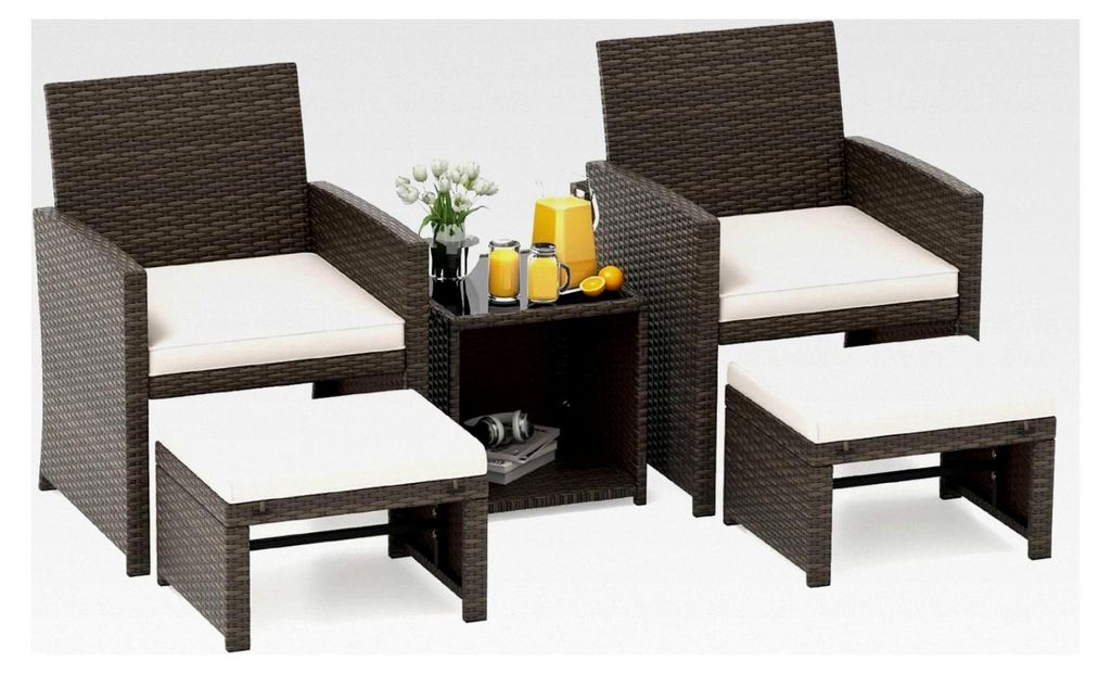 Rattan Gartenmöbel Set, Balkonmöbel, Balkonset mit 2 Stühlen und Kissen, Hocker & Tisch, Terrassenmöbel, Gartengarnitur, Sitzgruppe für Garten...