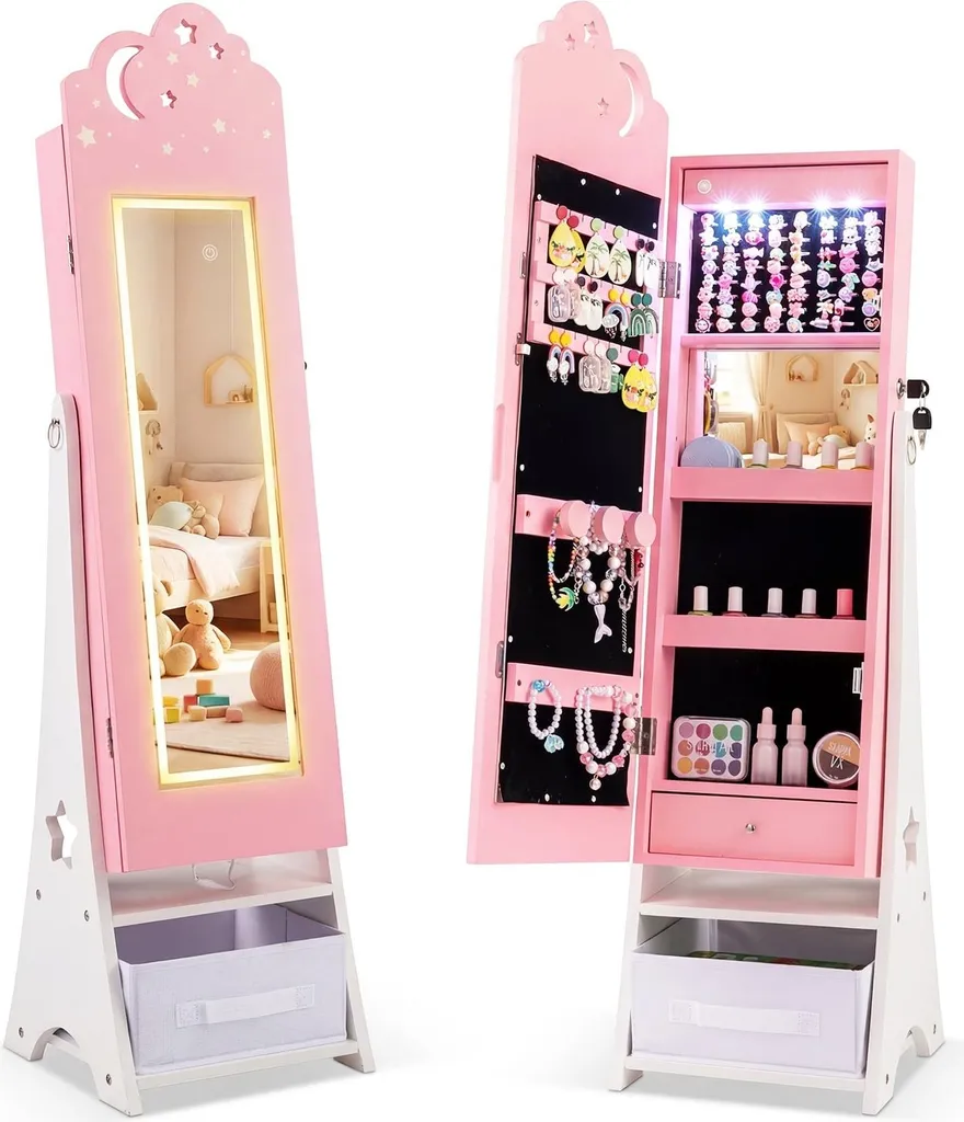 Organiseur bijoux pour enfant avec miroir LED : idéal cadeau de Noël