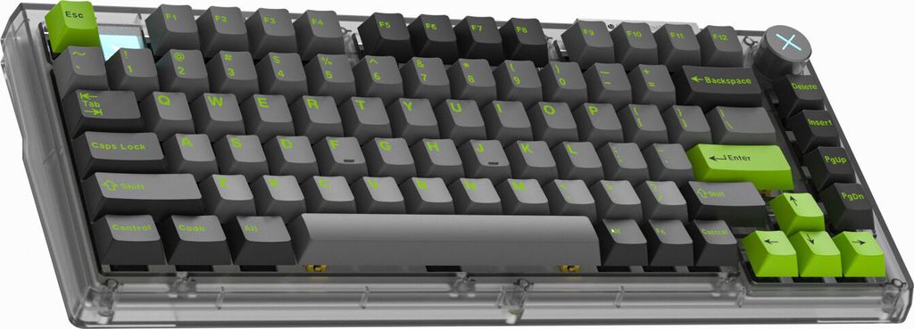 A mechanical keyboard with a transparent casing and black, gray, and green keycaps.