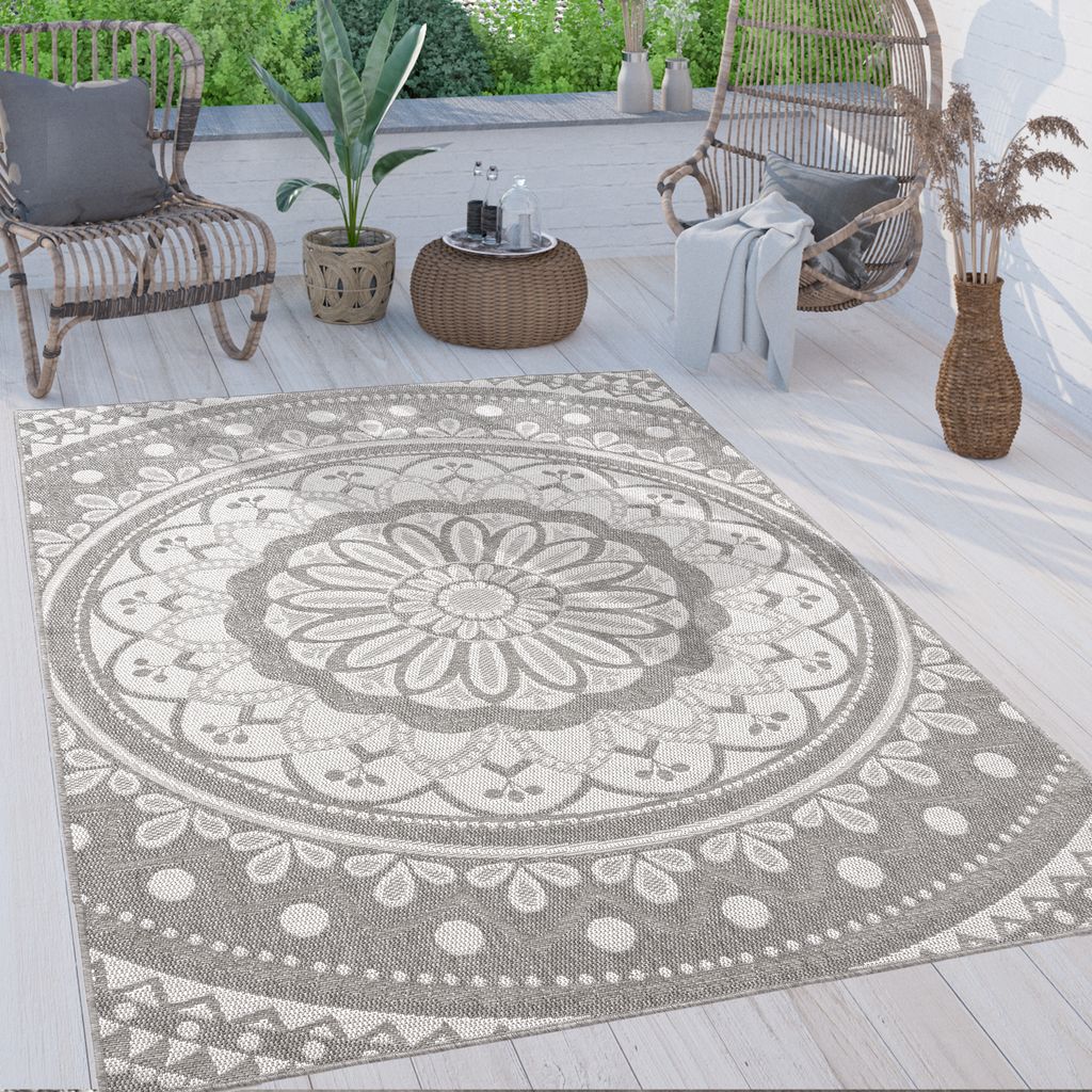 Outdoor Teppich wetterfest & robust Mandala Boho Design pflegeleicht flachgewebt Grösse 240x340 cm