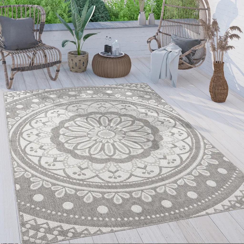 Tapis extérieur Mandala Boho 160x220 cm tissé à plat robuste et durable