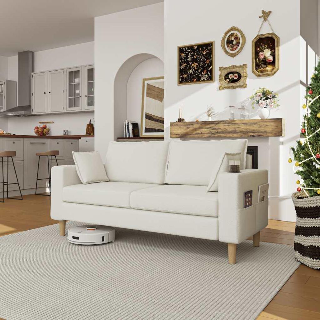 AIORBER Zweisitzer Sofa mit Stauraum und Getränkehaltern, Chenille 2 Sitzer Couch mit Seitentaschen und Kissen, kompaktes gemütliches Loveseat f...
