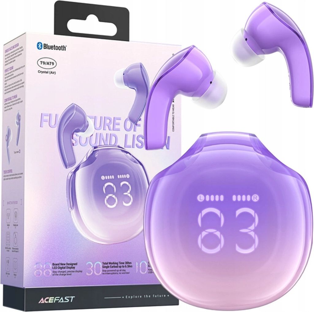 A product box for Acefast T9 wireless headphones, showing the headphones and charging case.