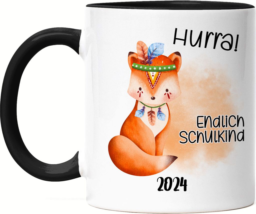 Endlich Schulkind 2024 Fuchs Tasse Schwarz Einschulungs-Geschenk Erstklässler Schulanfang