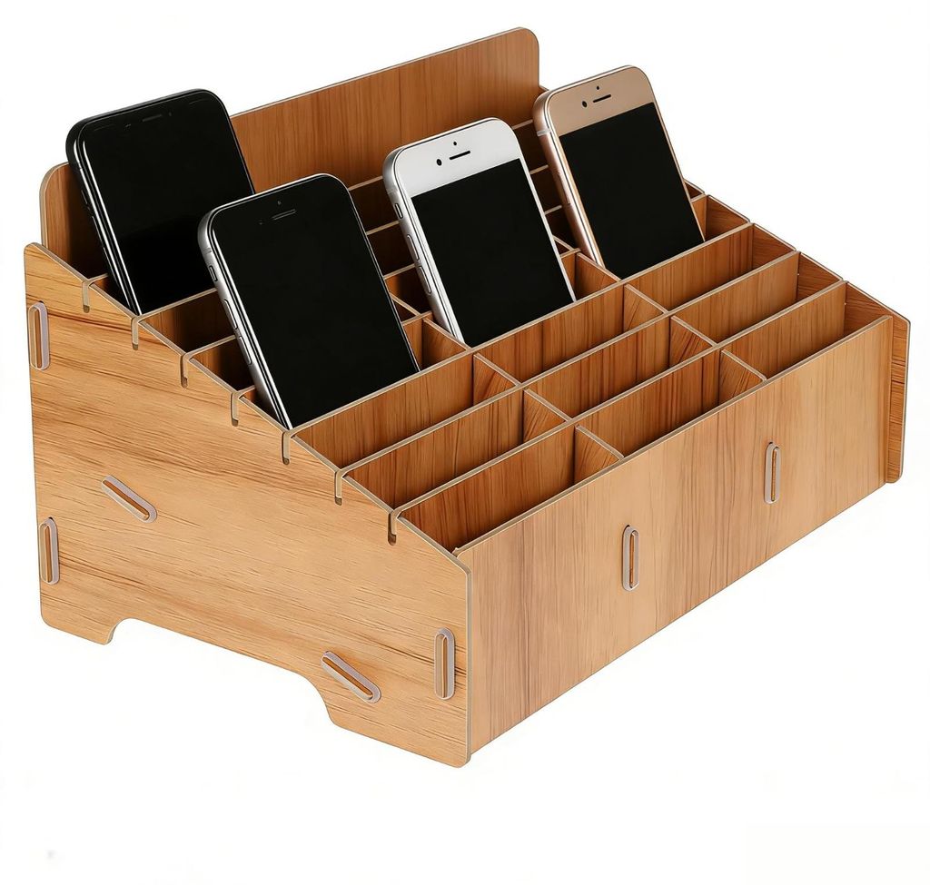 Handy-Aufbewahrungsbox aus Holz mit 24 Fächern. Eine praktische Aufbewahrungslösung für Mobiltelefone, geeignet für Klassenzimmer, Büros, Schu...