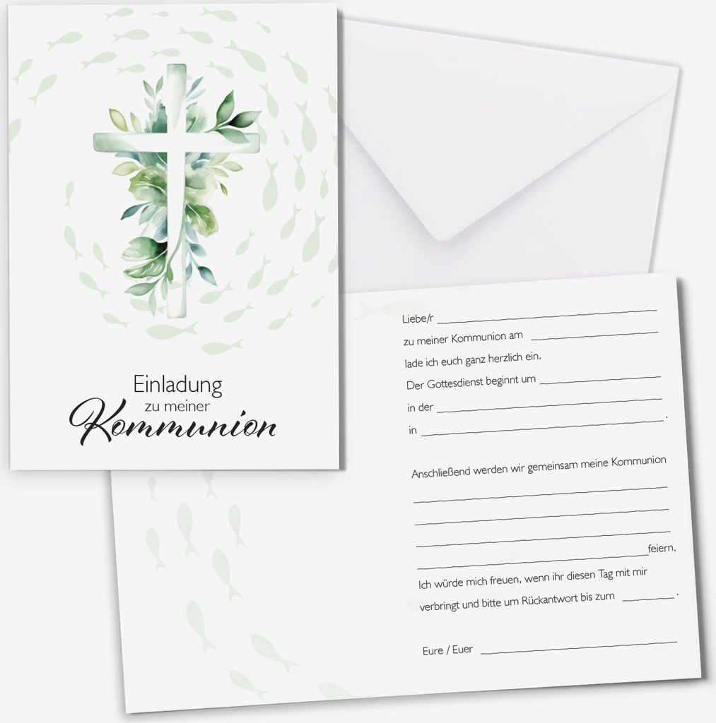 younikat Einladungskarten Kommunion I 15 Stück I DIN A6 zum Ausfüllen mit Lückentext I inkl. Umschlägen I Klappkarte Eukalyptus Fische Kreuz I ...