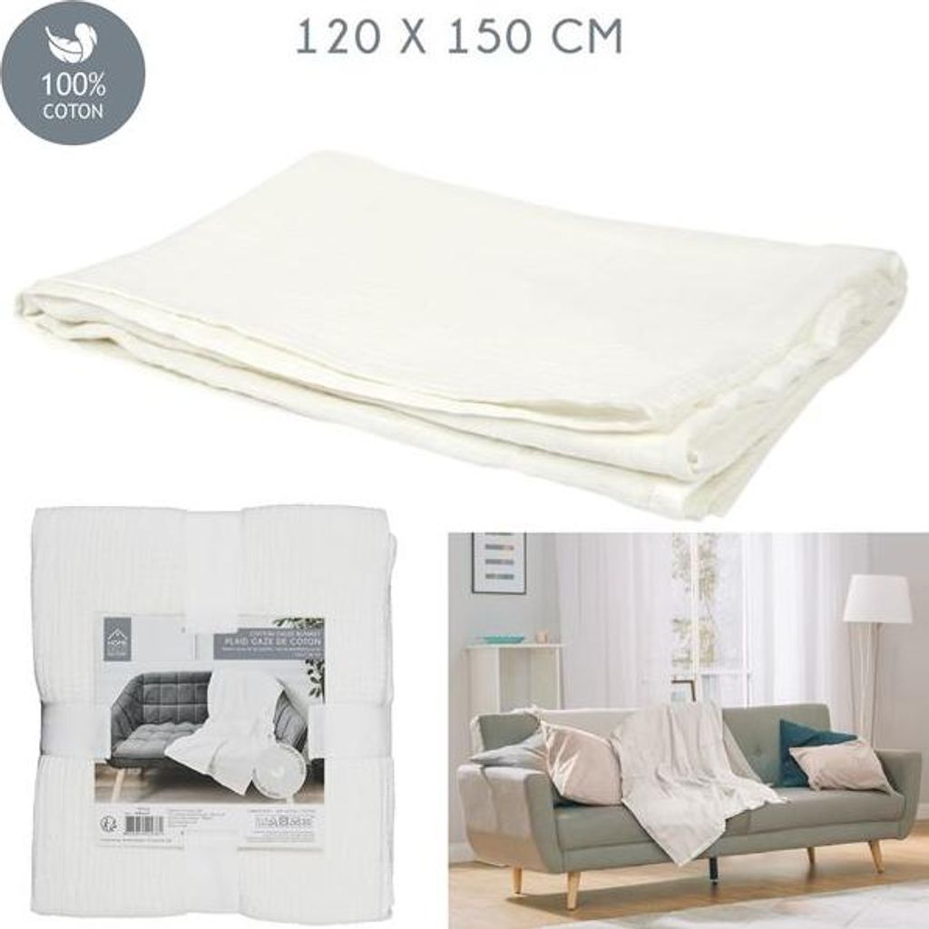 Decke aus Baumwoll-Gaze in Kreideweiß 120x150cm M6 - Home Deco Factory