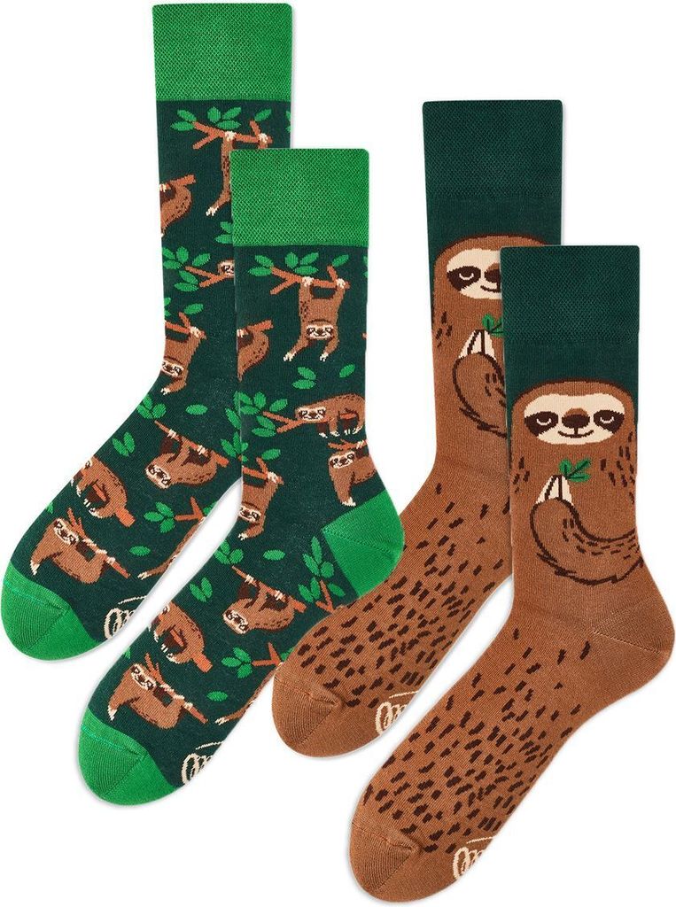 Two pairs of socks with sloth designs are displayed side-by-side against a white background.