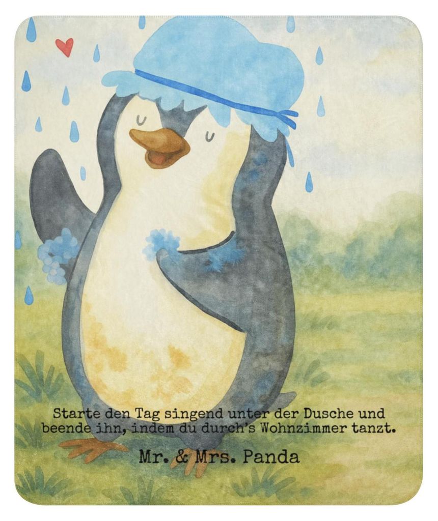 Mr. & Mrs. Panda Decke Pinguin Duschen Design 130 x 155 cm - Weiß - Geschenk, Heimdecke, Singen, Dusche, glücklich sein, Tagesdecke, Motivation, ...