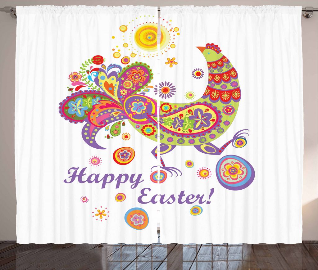 ABAKUHAUS Ostern Rustikaler Gardine, Blühende Blumen Punkte, Schlafzimmer Kräuselband Vorhang mit Schlaufen und Haken, 280 x 225 cm, Mehrfarbig