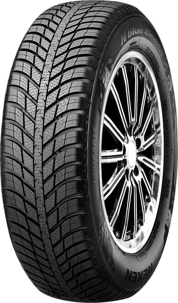 A close-up studio shot of a Nexen N Blue 4Season tire mounted on a silver alloy wheel, presented against a white background.