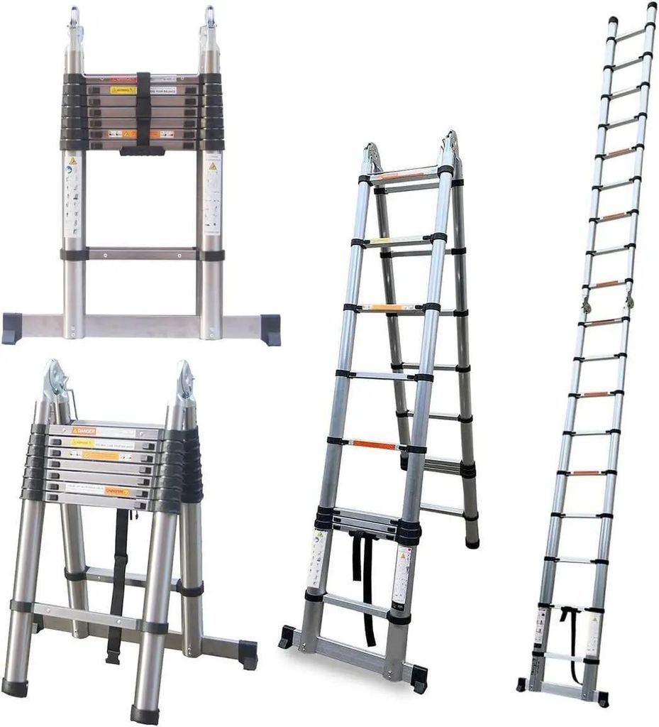 Teleskopleiter - A-Form - 5 m, Edelstahl, 2x8 Sprossen, max. 150 kg, eingeklappt 94 cm, Stufenabstand 30 cm
