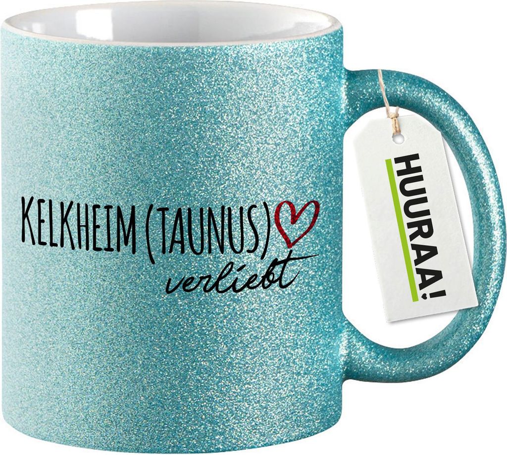 Huuraa Glitzertasse Kelkheim Taunus verliebt 330ml Blau Keramik Kaffeebecher Geschenkidee