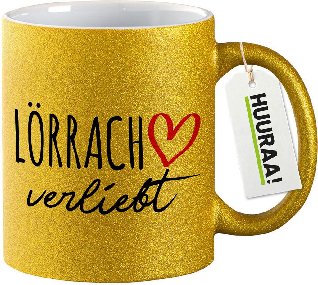 Huuraa Glitzertasse Lörrach verliebt 330ml Gold Keramik Kaffeebecher Geschenkidee