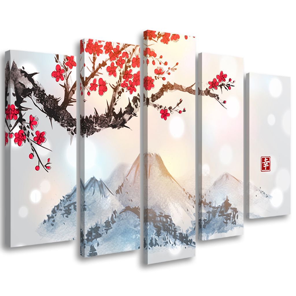 5-teiliges leinwandbild japan kirschblütenberge 100x70 cm Feeby rosa wandbild bereit zum aufhängen