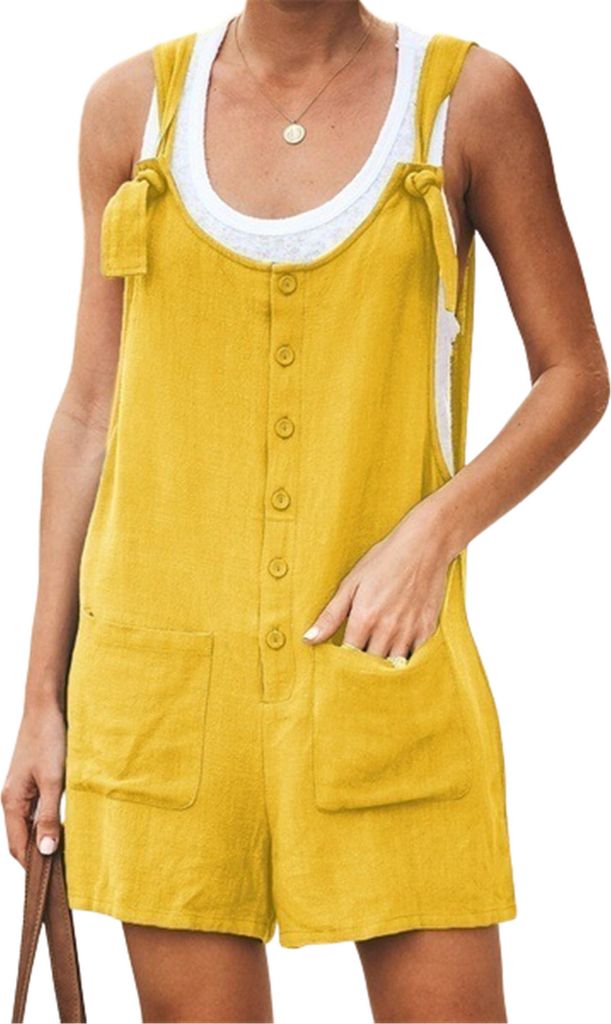 ASKSA Damen Kurz Jumpsuit Sommer Playsuit Kurz Romper Shorts Latzhose Frauen Overalls mit Taschen, Gelb, Groesse: 5XL