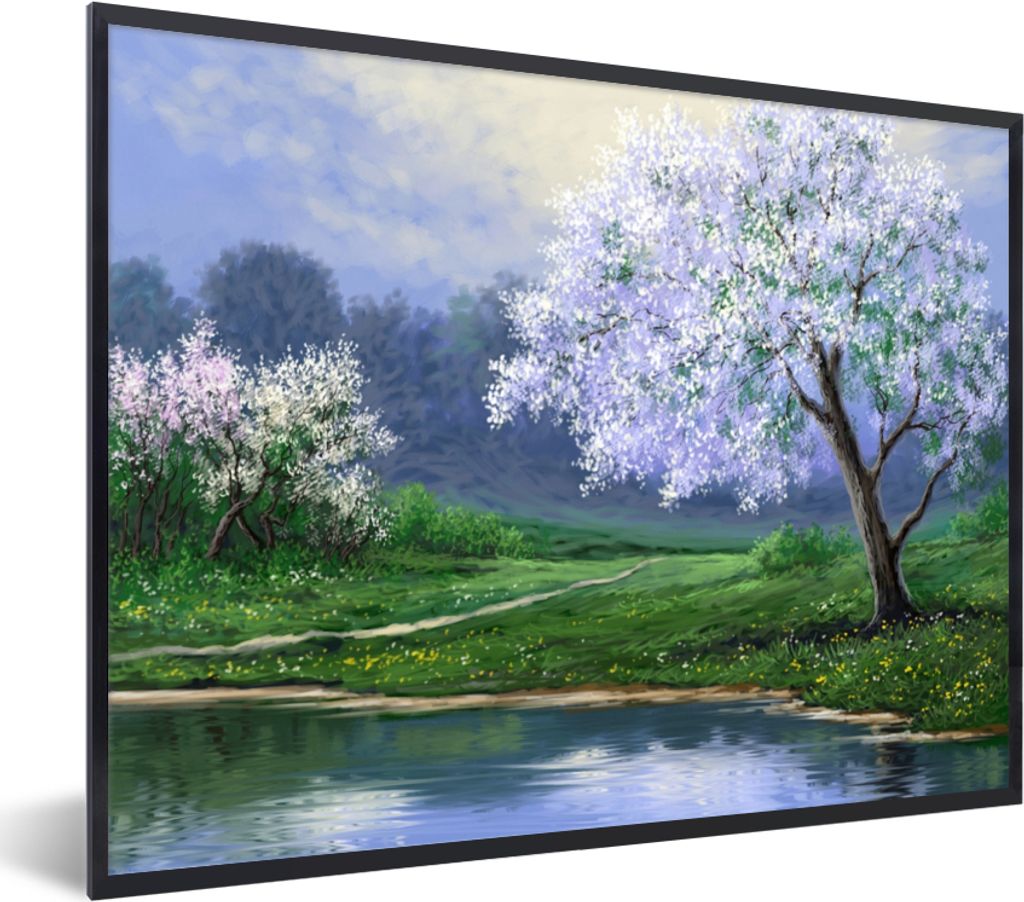 MuchoWow Gerahmtes Poster Malerei - Baum - Blüte - Natur - Wasser 80x60 cm - Poster mit Schwarzem Bilderrahmen Wandposter Rahmen Foto Bilder - S...