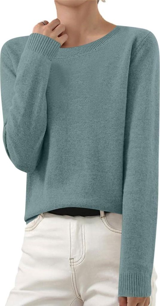 ASKSA Damen Strickpullover Elegant Einfarbig Strickpulli Duenne Feinstrick Winterpullover Stretch Warm Wollpullover Basic Rundhals Pulli,Grasgruen,3XL