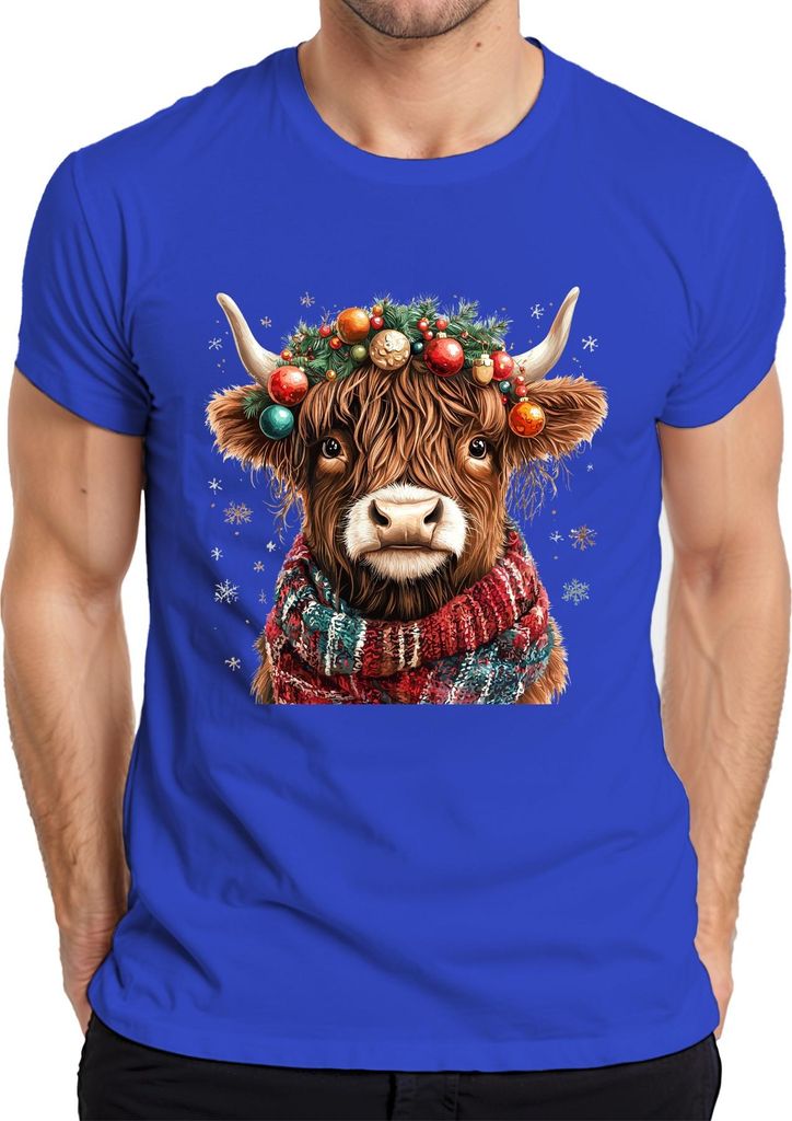 Highland Kuh Weihnachtskranz Schal Schneeflocken süß Retro Herren T-Shirt, Blau, S