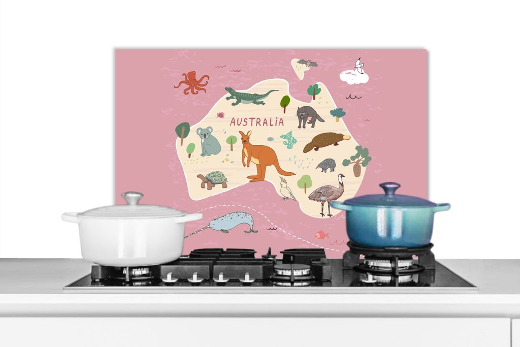 KitchenYeah Spritzschutz Küche - Küchenrückwand - Wandschutz für Herd und Spüle - Australien - Weltkarte - Kinder - Tiere - Mädchen - Kinde...