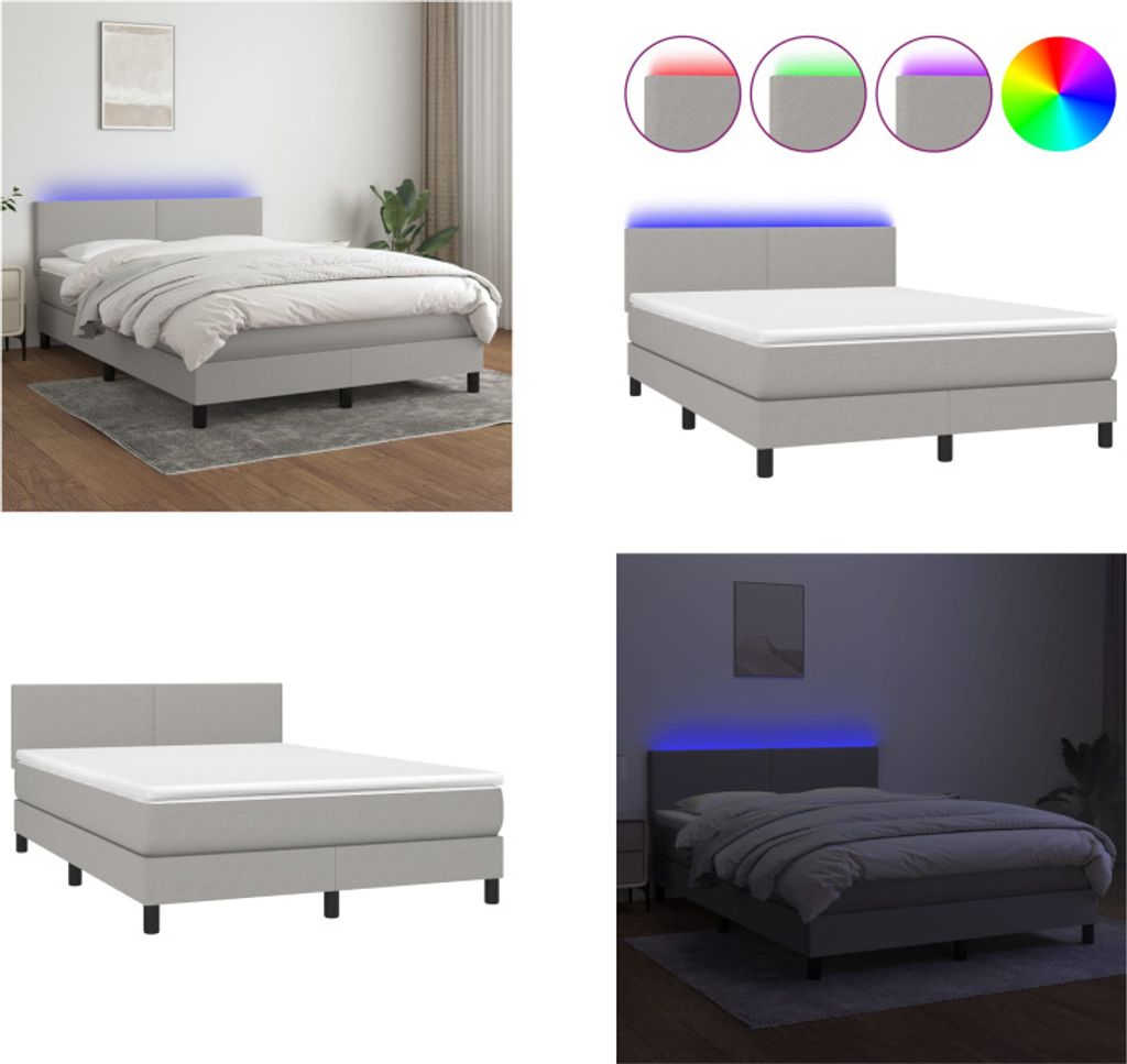 vidaXL Boxspringbett mit Matratze & LED Hellgrau 140x200 cm Stoff - Boxspringbett - Boxspringbetten - Bett - Schlafzimmermöbel