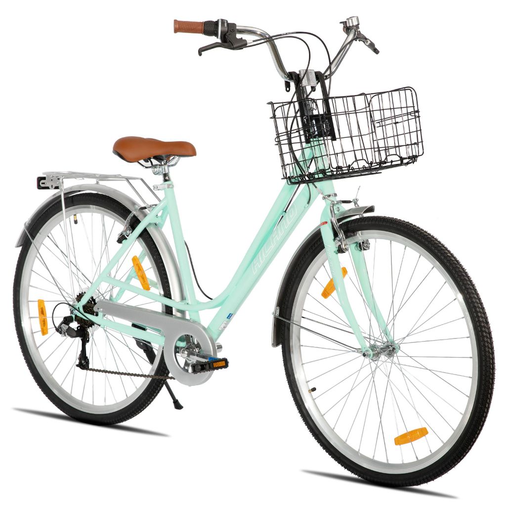 Hiland28 Zoll City Fahrrad für Erwachsene Männer und Frauen, 7-Gang-Schaltung, Doppelte V-Bremsen, mit Fahrradkorb, Schutzblechen, Gepäckträger