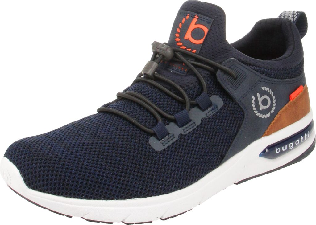 A single blue Bugatti sneaker is shown against a white background.
