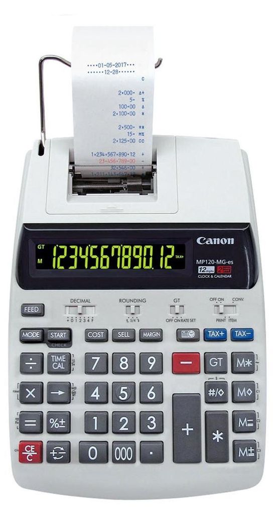 A Canon MP-120 MG-ES II printing calculator is shown from a slightly elevated front angle.