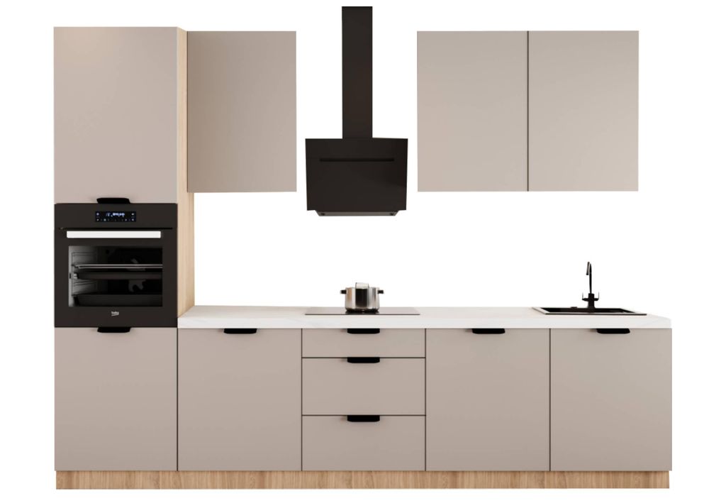 Küchenzeile 300 cm Ohne E-Geräten Platzoptimierte Küchenzeile Küchenblock Einbauküche, Sorento KS1-M300 Beige/Sonoma Eiche