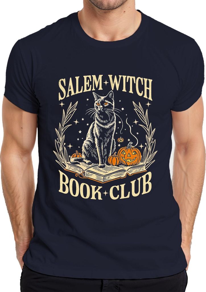 Salem Witch Book Club Katze Kürbis Halloween Magie Vintage Retro Herren T-Shirt, Navy, M