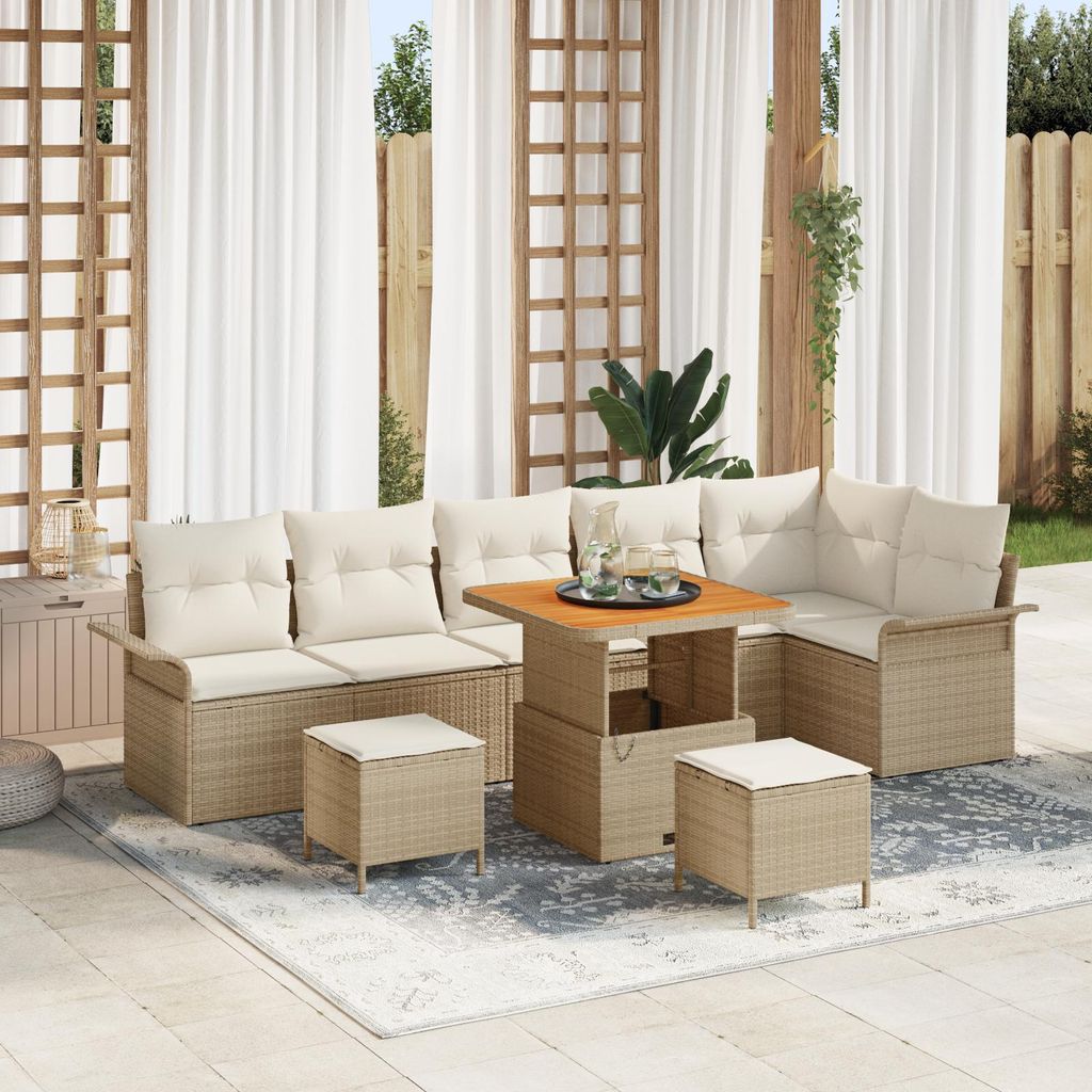2025 Moderne Gartenlounge Set 9-teiliges Garten-Sofa-Set mit Kissen Beige Poly-Rattan Akazie - Terassenmöbel Gartenmöbel Hommie6510095