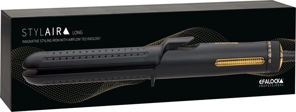 The image shows the product packaging for a hair styling iron.