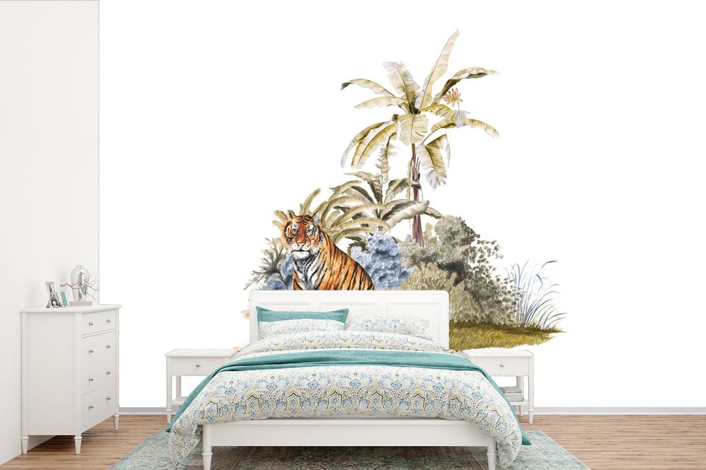 MuchoWow Fototapete für Wohnzimmer oder Schlafzimmer Wandtapete Vinyl Motivtapete Tiger - Baum - Weiß - 420x280 cm - Zimmer für Kinder