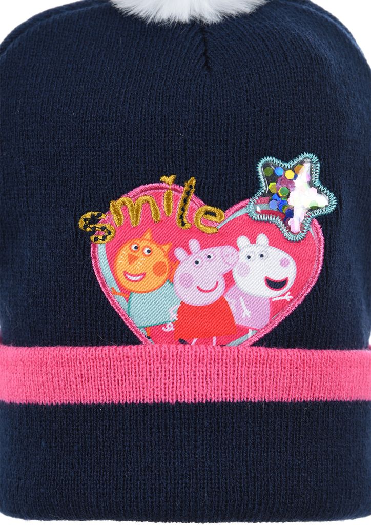 Peppa Wutz Pig Kinder Mädchen Winter-Mütze Strick Bommelmütze , Farbe:Dunkel-Blau, Größe:52