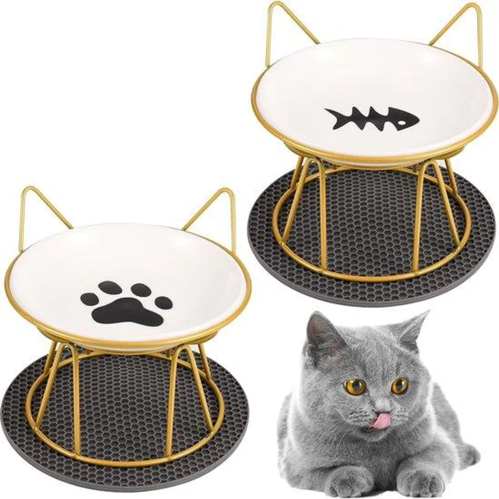 Gamelle chat céramique protège-cou avec pied métal doré antidérapant